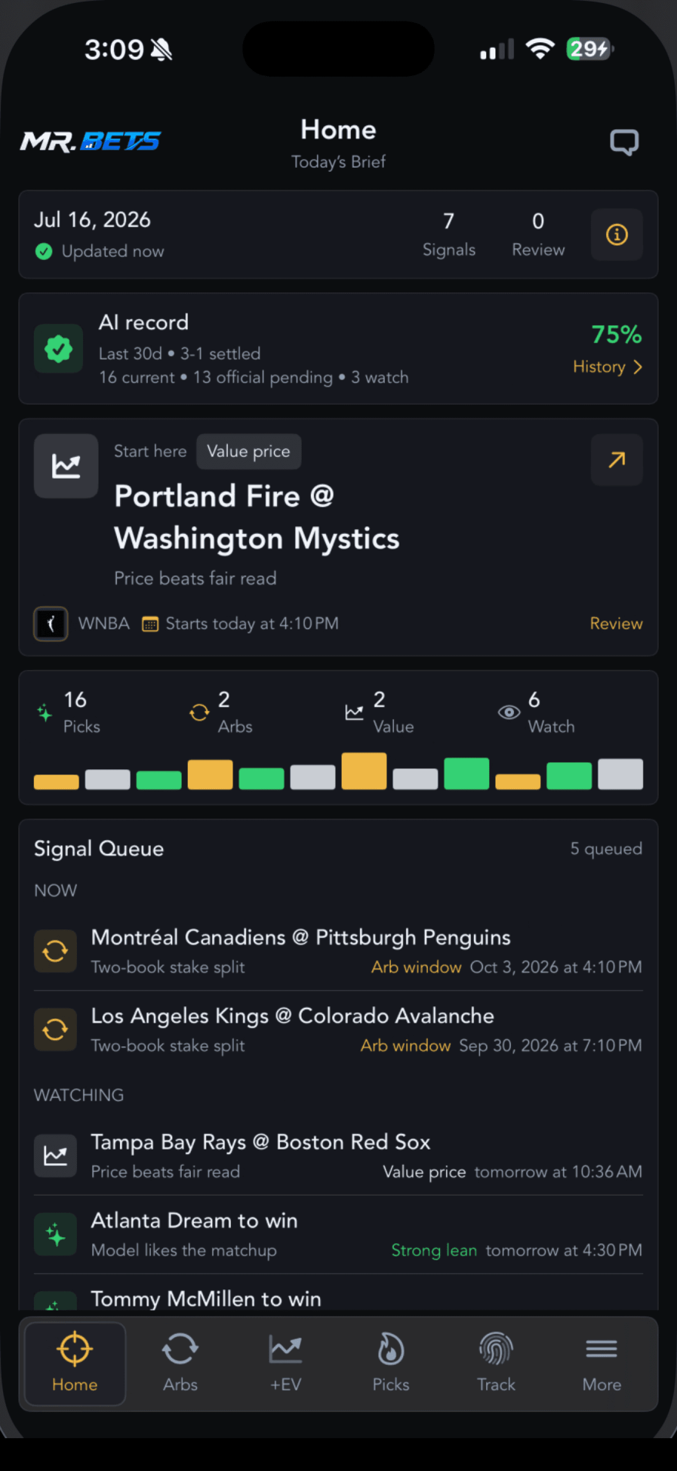 Mr. Bets home and signal queue