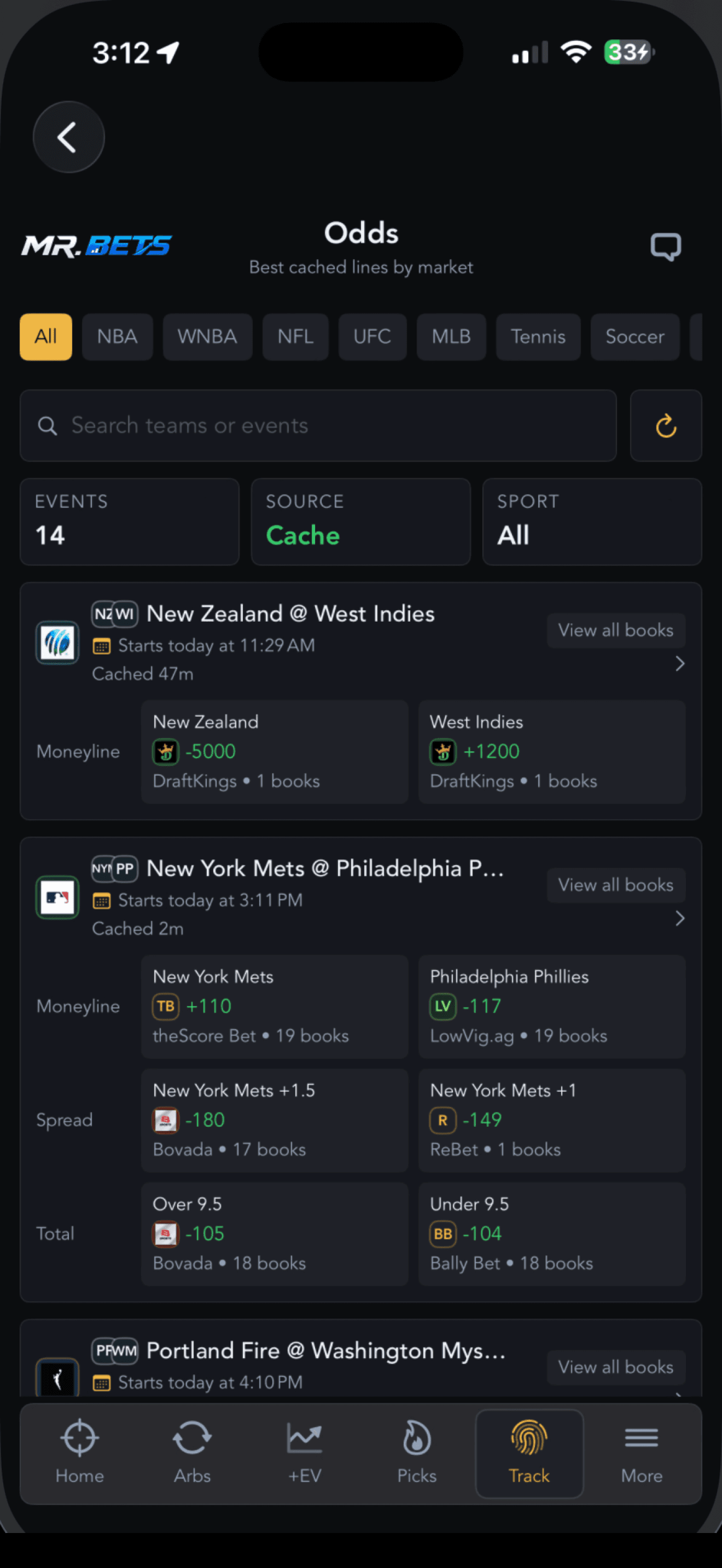 Mr. Bets odds comparison screen